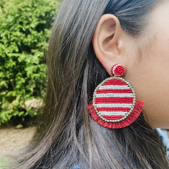 ALABAMA Crimson Beaded Round Earrings Rhinestone Fringe Gameday Team - Picture 4 of 4